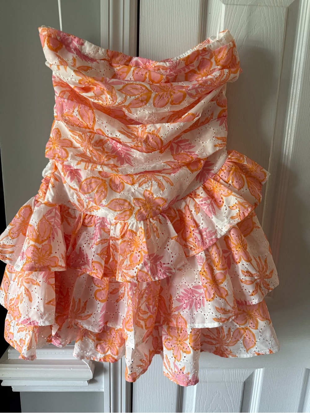 Hello Molly Pink and Orange Floral Eyelet Ruffle Dress